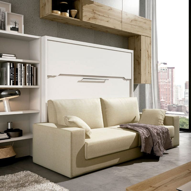 Cama abatible vertical con sofá y escritorio.